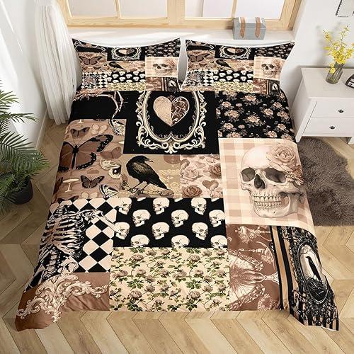 Boho Skeleton Duvet Cover King Size,Gothic Crow Moth Bedding Set,Black Brown Grid Patchwork Comforter Cover for Kids Teens Girls Boys Room Decor,Vintage Hippie Style Quilt Cover 3Pcs (No Insert)