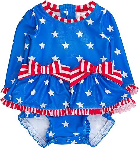 RuffleButts Baby Girls UPF50+ Long Sleeve One Piece Bow Peplum Rash Guard Swimsuit