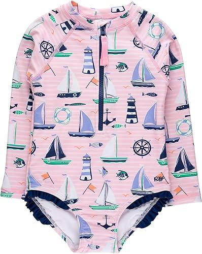 RuffleButts® Girls One Piece Rash Guard Baby Swimsuit UPF 50+ Sun Protection