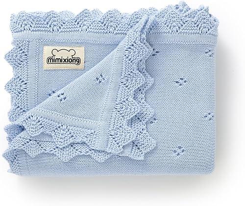 mimixiong Cotton Baby Blanket Knitted Crochet Receiving Crib Nursery Swaddling Blankets for Newborn Baby Boy Girl 30x40 Inch (LightBlue)