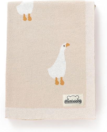 mimixiong Baby Blanket Knit Receiving Boys Girls Blanket Soft Cotton Neutral Blanke for Swaddle Crib Stroller with Cute Goose Beige 30x40 Inch