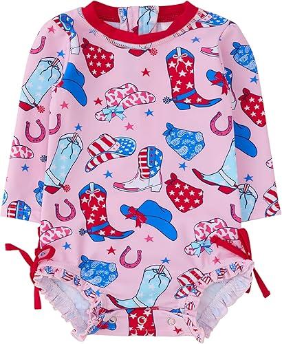 RuffleButts Baby Girls UPF 50+ Sun Protection Floral Printed Long Sleeve One Piece Rash Guard Swimsuit with Zipper