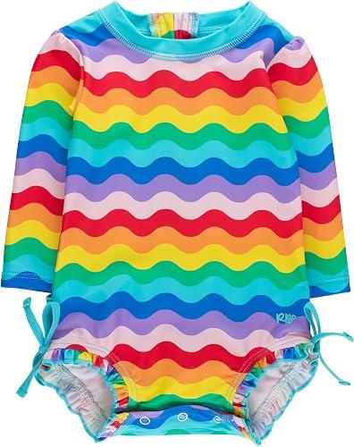 RuffleButts Baby Girls UPF 50+ Sun Protection Floral Printed Long Sleeve One Piece Rash Guard Swimsuit with Zipper