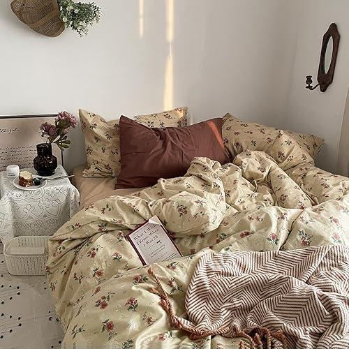 MKXI Yellowish Beige & Red Floral Duvet Cover Set Full Size - 3 Piece Vintage Country Bedding Set with Floral & Green Leaf Patterns, 100% Cotton Soft Aesthetic Duvet Cover with Ties & Pillowcases