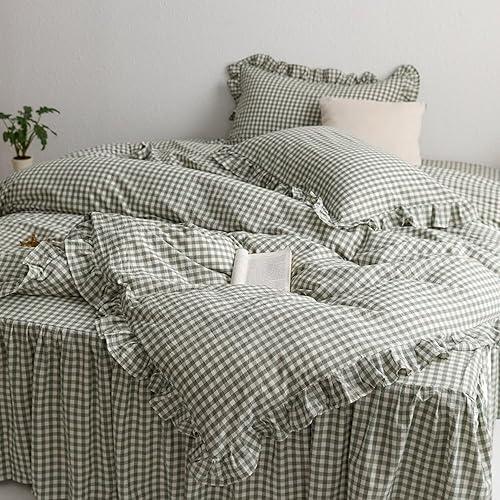 MKXI Sage Green Gingham Duvet Cover King, 3-Piece Ruffled Bedding Set - 100% Washed Cotton, Breathable Lightweight Fabric - Farmhouse Boho Chic Style Comforter Cover