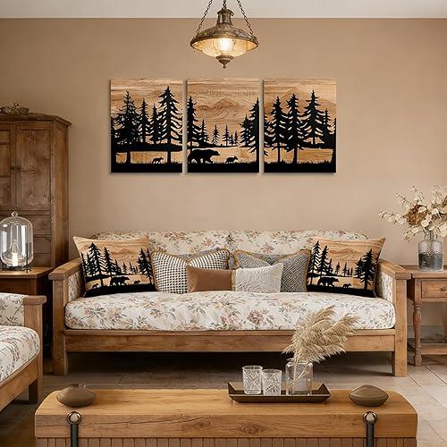 Erosebridal Rustic Cabin Wall Decor Farmhouse Bear Pictures Wall Art - Canvas Framed - For Bedroom Living Room Bathroom,Forest Lodge Animal Prints Posters 3 Piece 12"X16"