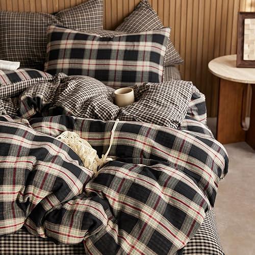 EAVD Vintage Red&Black Plaid Duvet Cover Queen Soft 100% Muslin Cotton Retro Grid Checkered Bedding Set with 2 Pillowcases Reversible Gingham Duvet Cover with Zipper Closure