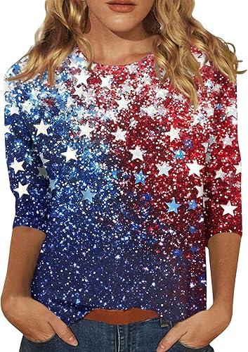 KIKX0DE 4Th of July Shirts Women 3/4 Sleeve Crewneck Cute Shirts Casual Print Three Quarter Length T Shirt