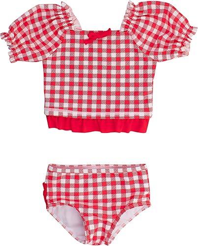 RuffleButts Baby/Toddler Girls UPF50+ Puff Sleeve Ruffle Tankini 2-Piece Swimsuit