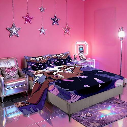 Manfei Black Princess Girl Kids Sheet Full Size,African American Cartoon Cosmetic Bedding Set, Star Magical Cute Y2K Chic Kids Room Decor,Purple Sheet(Fitted+Flat+2 Pillowcases)