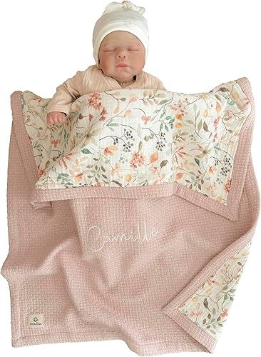 Mouliss Personalized Baby Blanket with Name – Handmade 100% Organic Cotton Newborn Gift | Custom Knit Blanket for Boys, Girls, Kids & Baby Showers (Petal Pink/Petal Whispers)