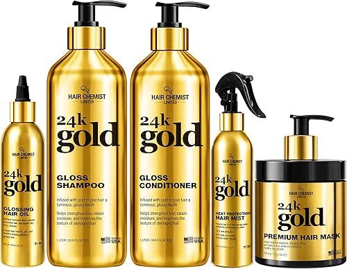 Hair Chemist 24K Gold 5-PC Complete Hair Care Set – Large Shampoo, Conditioner, Hair Oil, Hair Mist & Deep Hair Mask – Strengthening, Hydrating & Shine Enhancing for Dry, Damaged & Color-Treated Hair