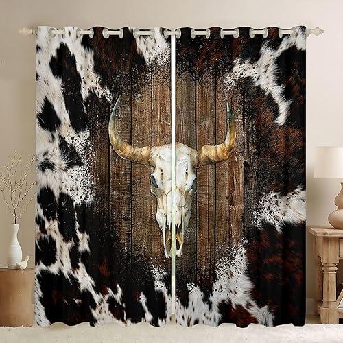 Erosebridal Highland Bull Skull Blackout Curtains, Black Brown Cow Print Room Darkening Curtains, Western Cowhide Fur Bedroom Home Decor, Rustic Farmhouse Window Drapes 2 Panels 42 x 63 Inch
