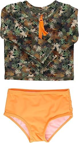 RuffleButts® Baby/Toddler Girls Long Sleeve Rash Guard 2 Piece Swimsuit Set w/UPF 50+ Sun Protection with Zipper