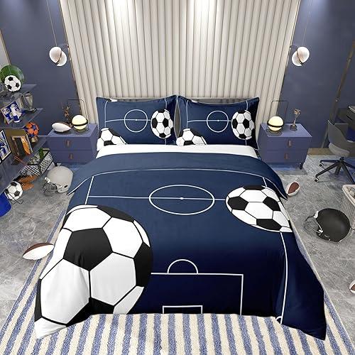 Castle Fairy 100% Nature Cotton Football Duvet Cover Set (No Comforter) Kids Soccer Sports Theme Comforter Cover Set Twin Size with 1 Pillowcase Dark Blue Ball Gaming Bedding Set — 5% off