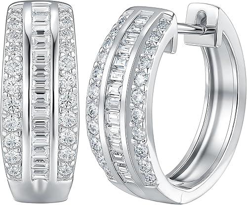 Newshe Jewellery D-Color VVS1 Moissanite Hoop Earrings for Women 925 Sterling Silver Earrings Emerald Cut Pave