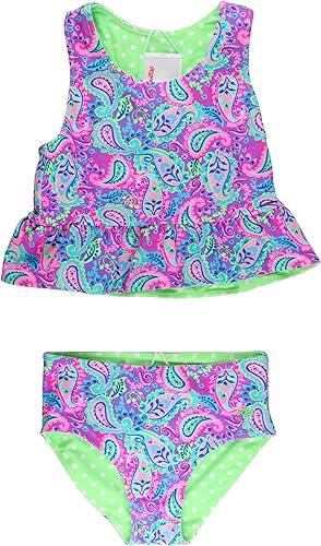 RuffleButts Baby/Toddler Girls UPF50+ Sun Protected Reversible Peplum 2 Piece Sleeveless Tankini