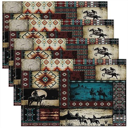 Feelyou Western Cowboy Placemats Set of 4 12"x18" Wild West Rustic Southwestern Table Mats Placemat Exotic Plaid Geometric Placemats for Dining Table Indoor Outdoor Kitchen Decor Table Place Mats