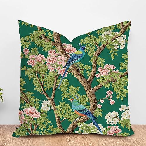 ArogGeld Green Chinoiserie Throw Pillow Covers Rose Vintage Floral Birds Spring Decor Cushion Covers Seasonal 18x18in Pillow Cover Linen Pillowcase Sofa Accent Pillows Home Decoration for Couch
